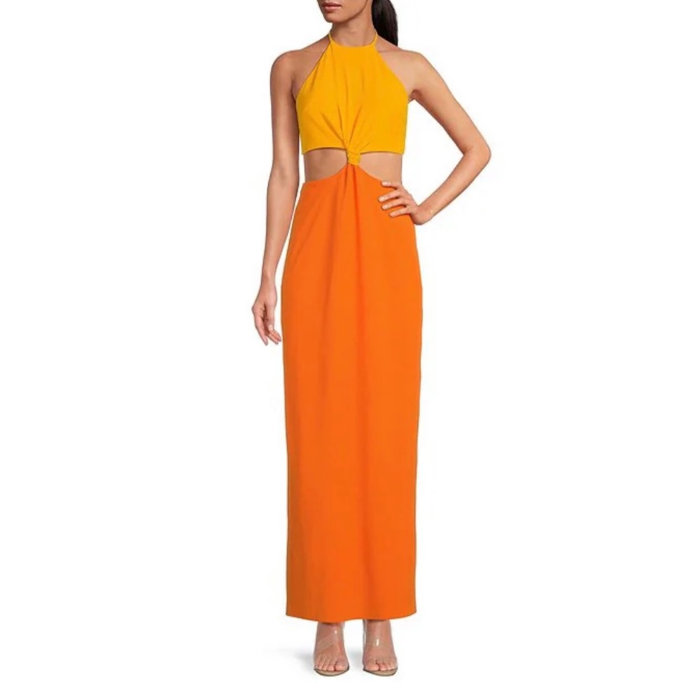 Gianni Bini Hammered Satin Color Blocked Cut-Out Halter Neck Dress